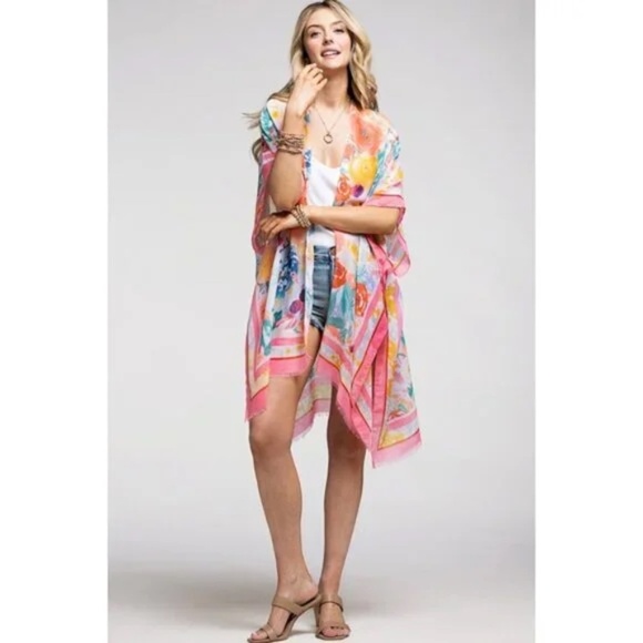 Pink Floral Print Contrast Border Spring Summer Kimono Open Wrap Coverup Top - Picture 3 of 5